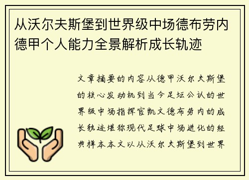 从沃尔夫斯堡到世界级中场德布劳内德甲个人能力全景解析成长轨迹